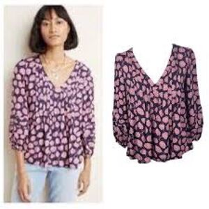 Maeve Anthropologie Navy Pink Rose Print V-Neck Blouse Size M